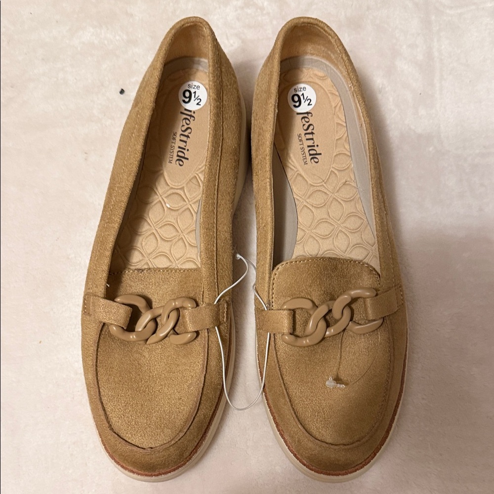 Life Stride Tan Suede Chain-Trim Loafers